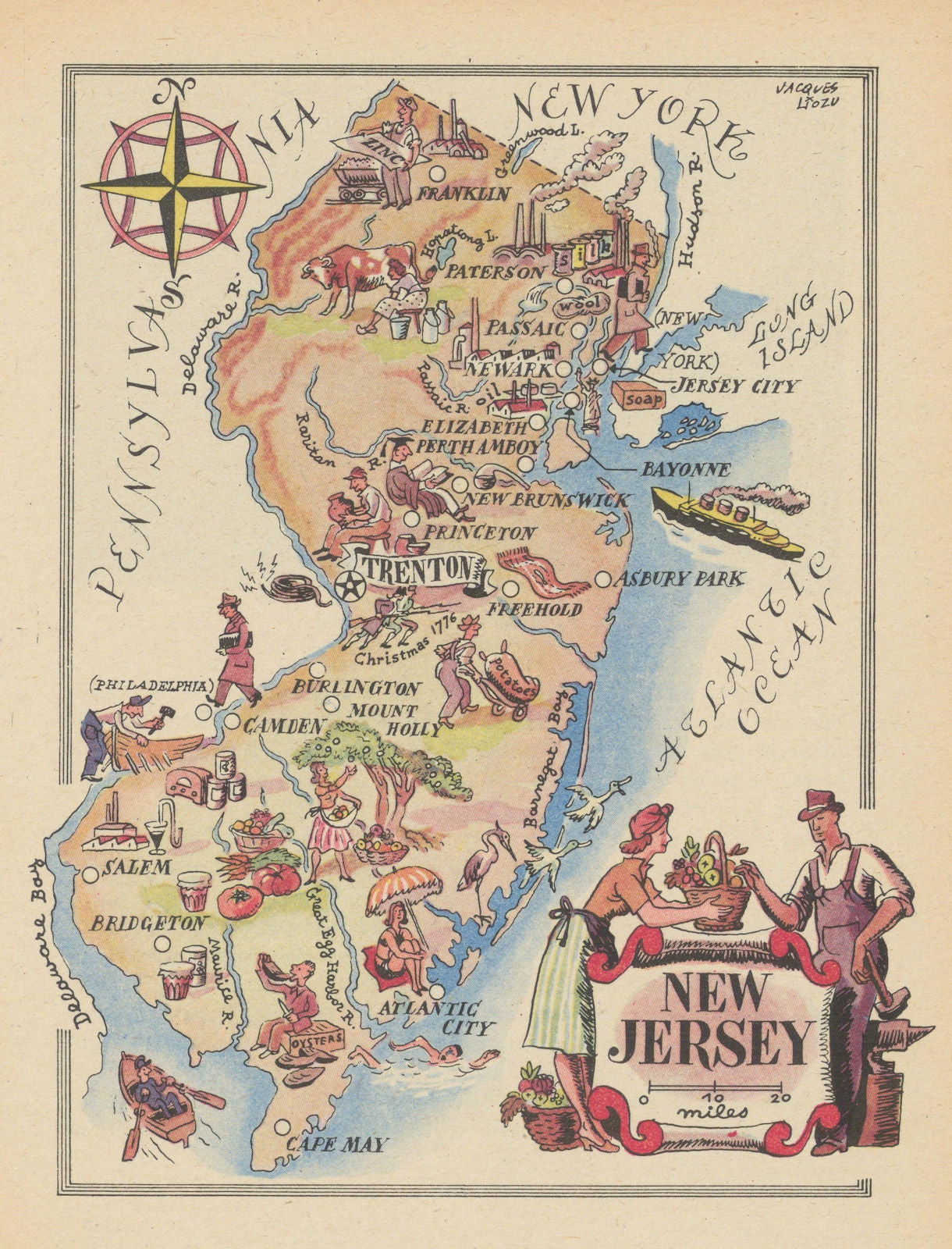 New Jersey small state map by Jacques Liozu 1946 old vintage plan chart